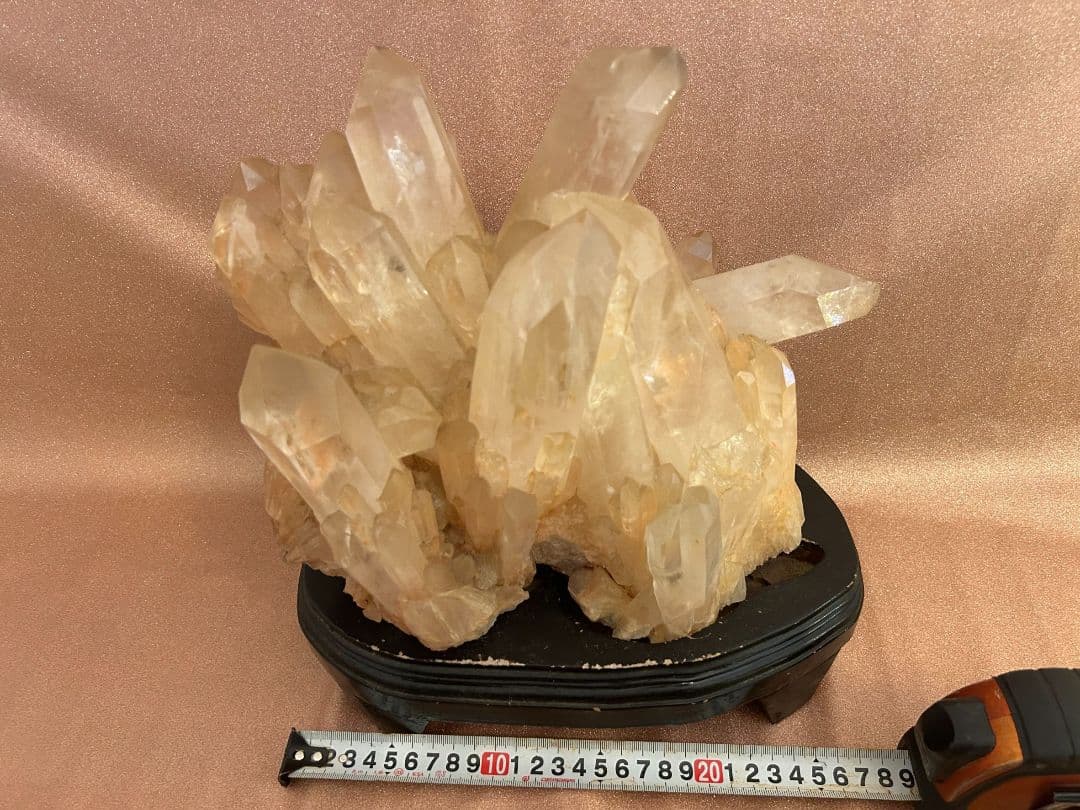 天然水晶 置物 結晶状 黒色台座付き 約15cm