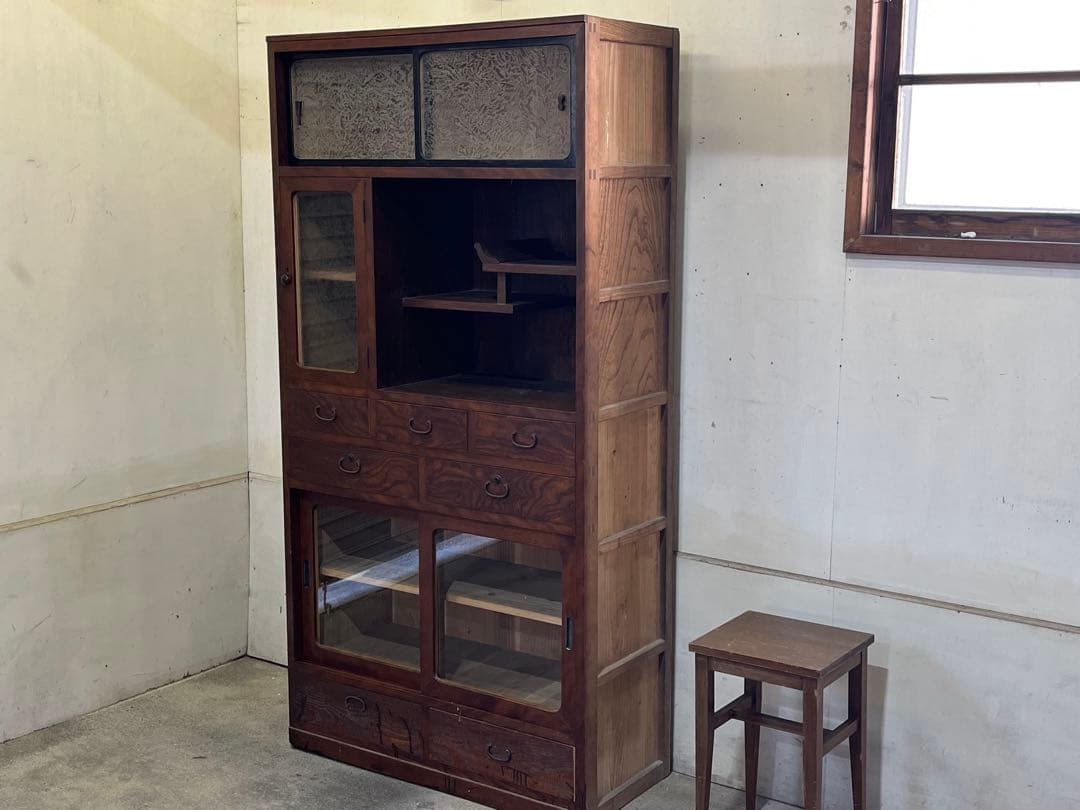 M*n様 アンティーク木製水屋箪笥 ガラス戸棚 飾り棚 レトロ食器棚