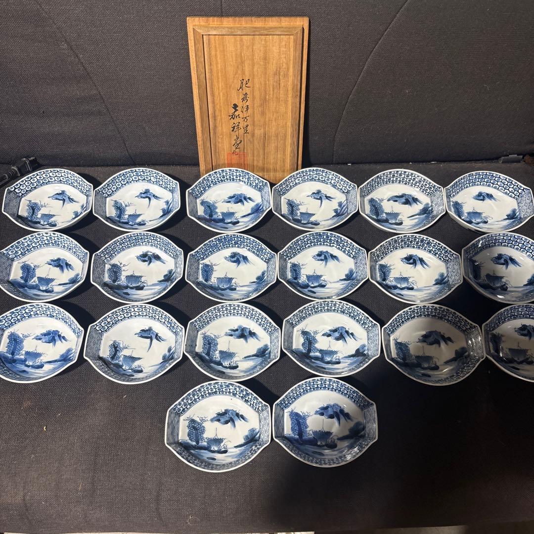 古伊万里 舟形唐山水図 八角形皿 20枚セット