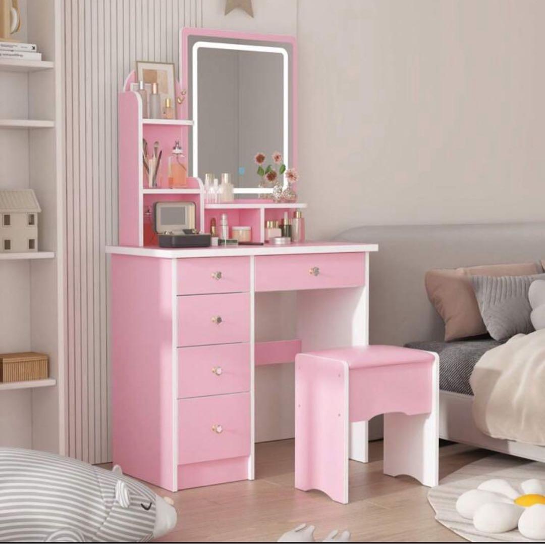 ドレッサー 幅80cm コンパクトミラー スツール付き LEDライト付き ピンク