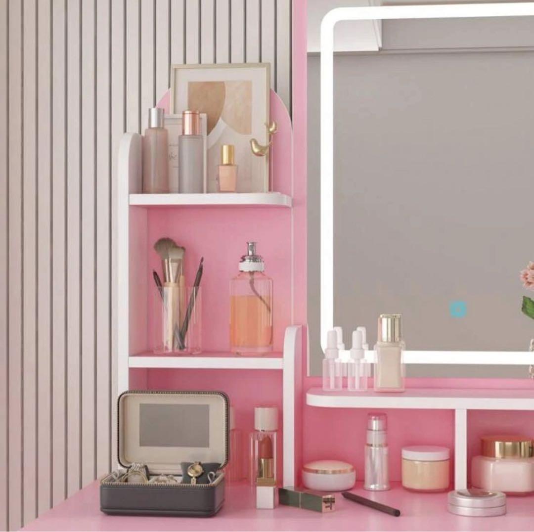 ドレッサー 幅80cm コンパクトミラー スツール付き LEDライト付き ピンク
