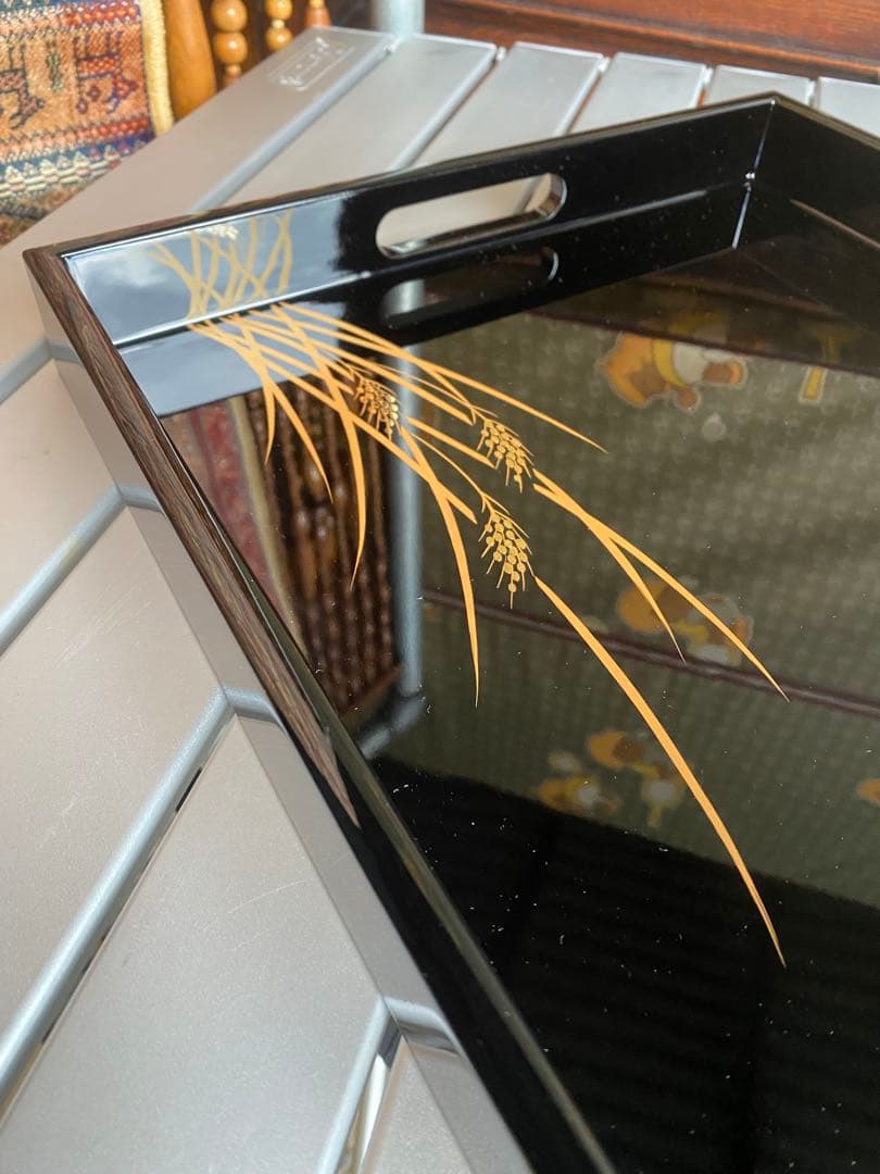 切金稲穂　新尺七長手盆　桜井漆器　高級　黒漆器盆　未使用