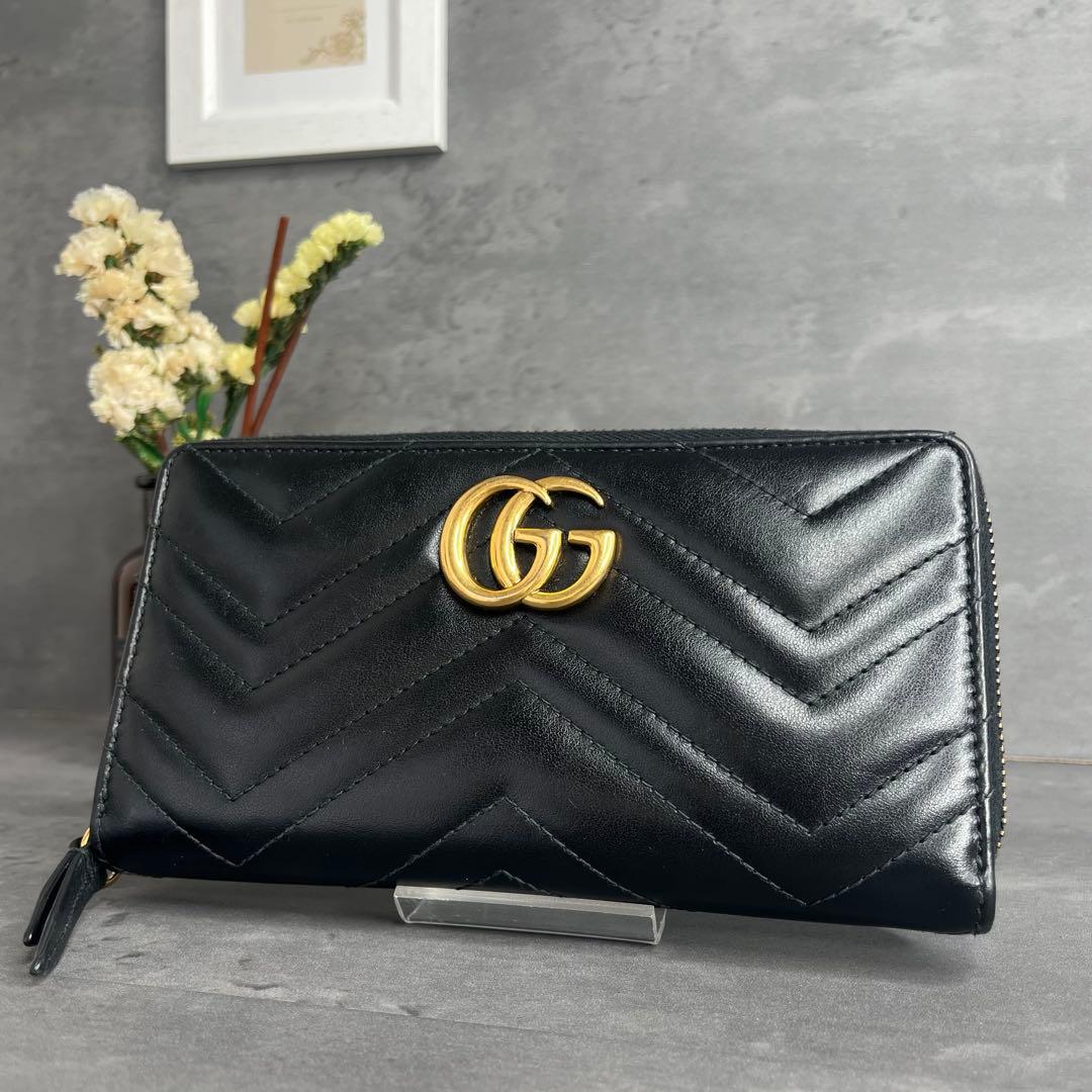 【美品】GUCCI GGマーモント 長財布 ラウンドファスナー キルティング 黒