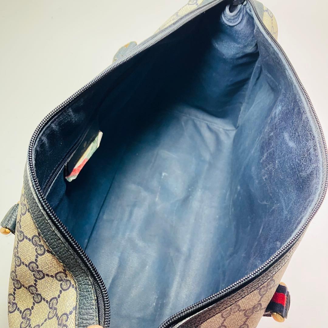 美品　オールドグッチ シェリーライン ボストンバッグ ネイビー レザー A4