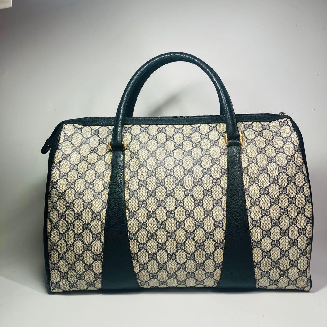 美品　オールドグッチ シェリーライン ボストンバッグ ネイビー レザー A4