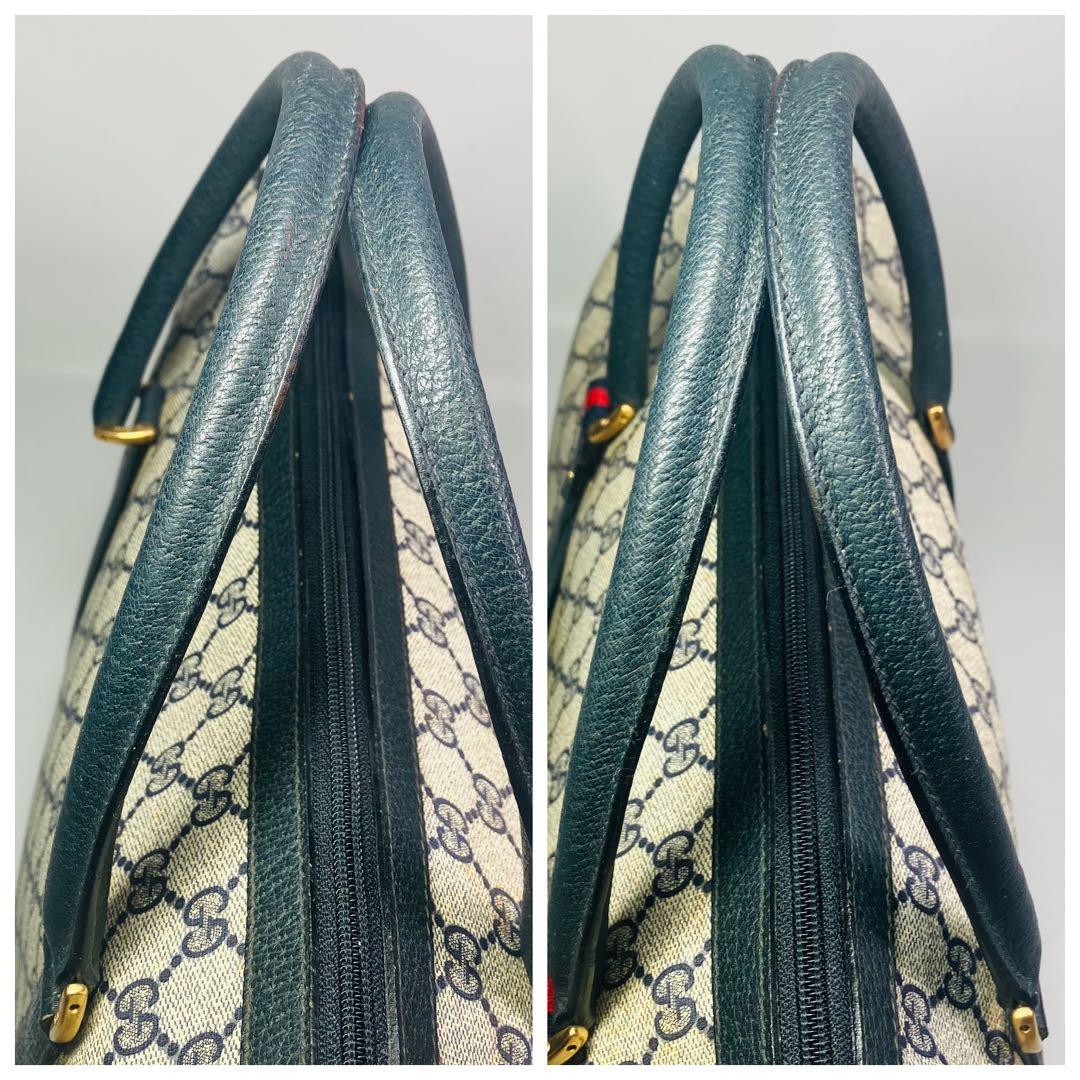 美品　オールドグッチ シェリーライン ボストンバッグ ネイビー レザー A4