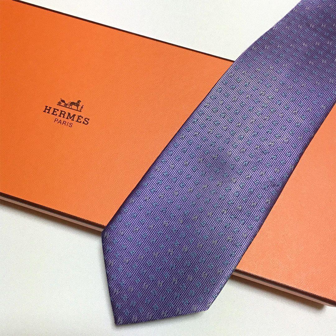 未使用級 エルメス HERMES ネクタイ シルク100% パープル H柄