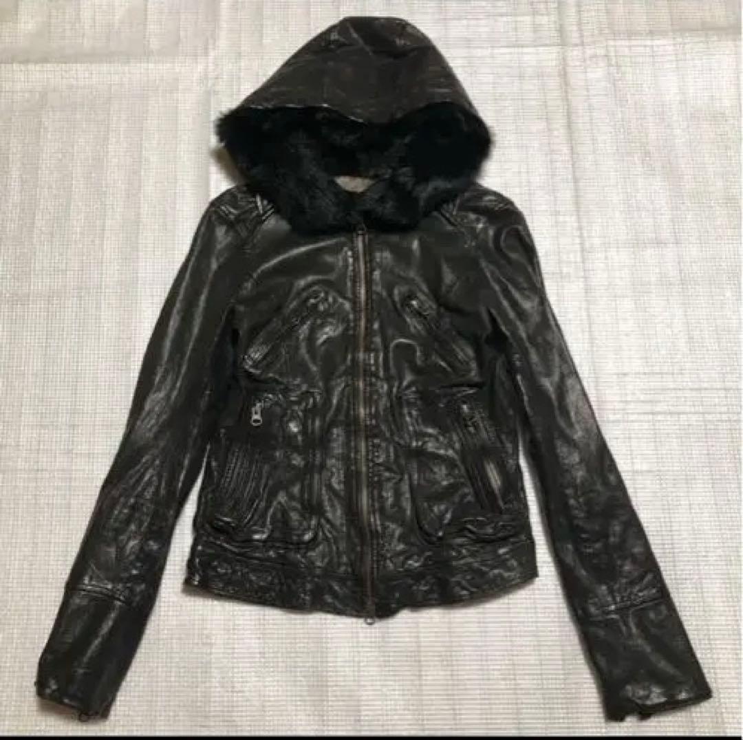 SISTEMATIC ブラックレザージャケット フード付き