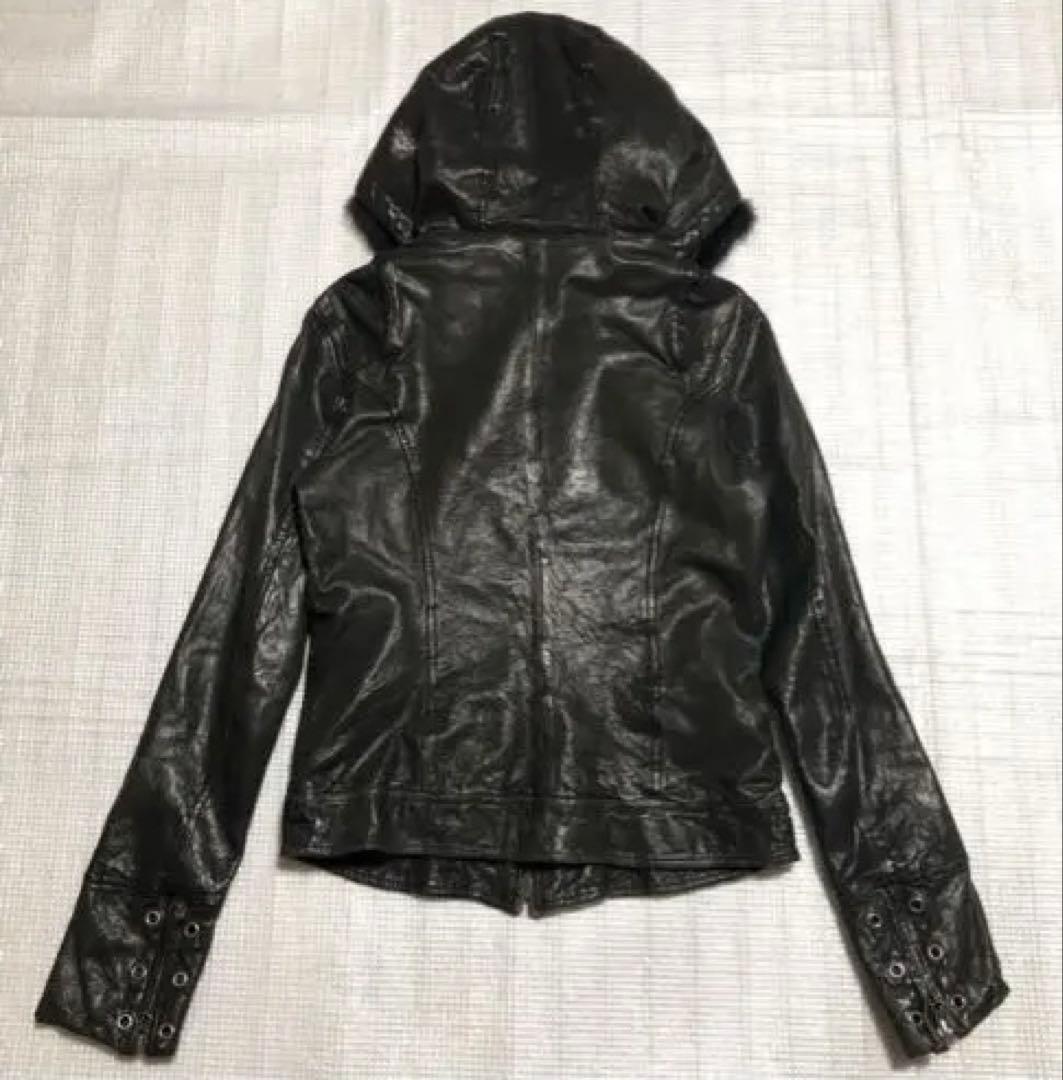 SISTEMATIC ブラックレザージャケット フード付き