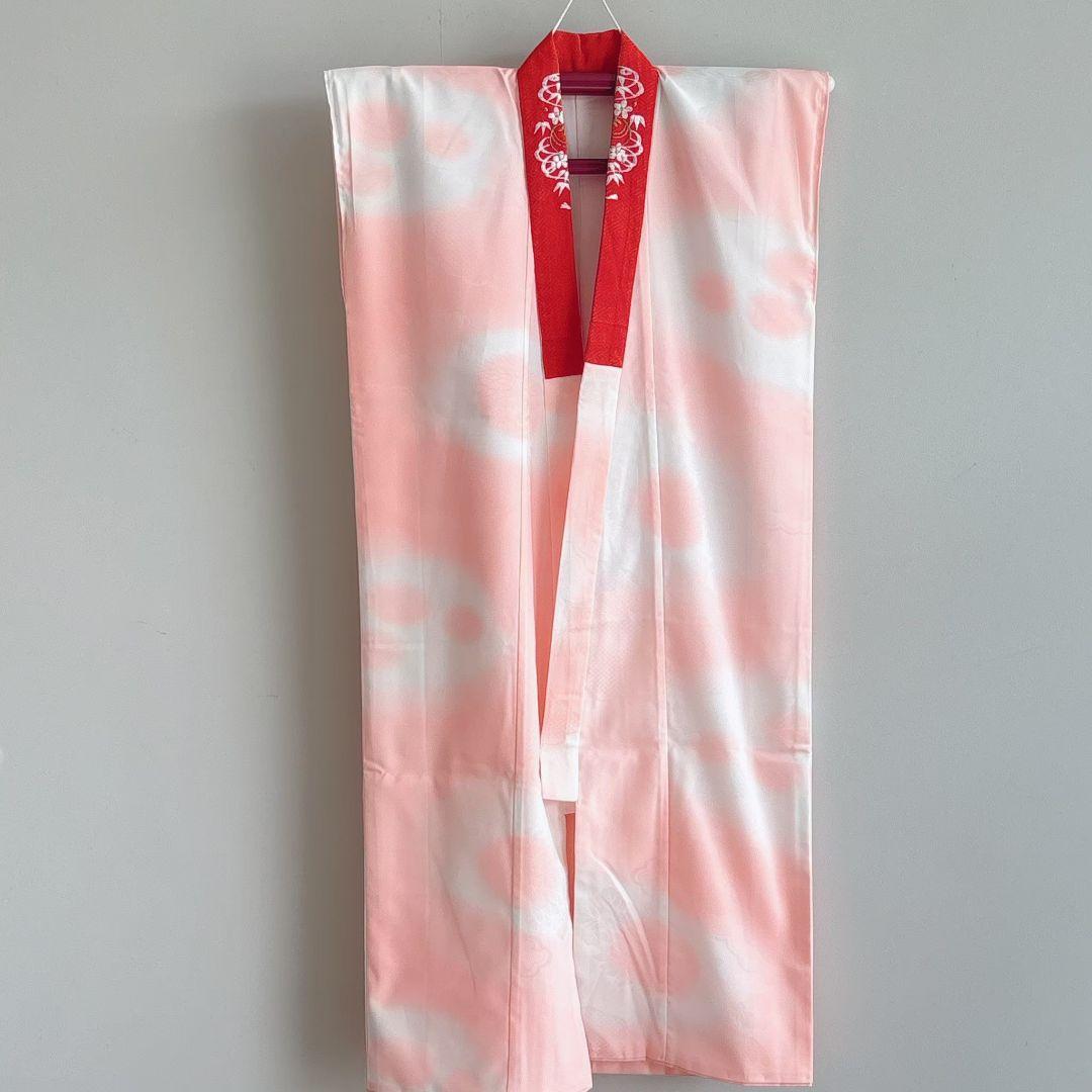 フルセット七五三７歳女の子　オレンジ地　傘椿　黒地袋帯　袖なし長襦袢7125