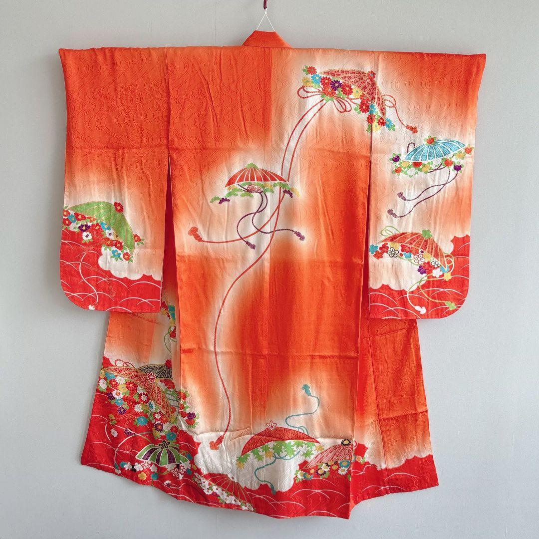 フルセット七五三７歳女の子　オレンジ地　傘椿　黒地袋帯　袖なし長襦袢7125