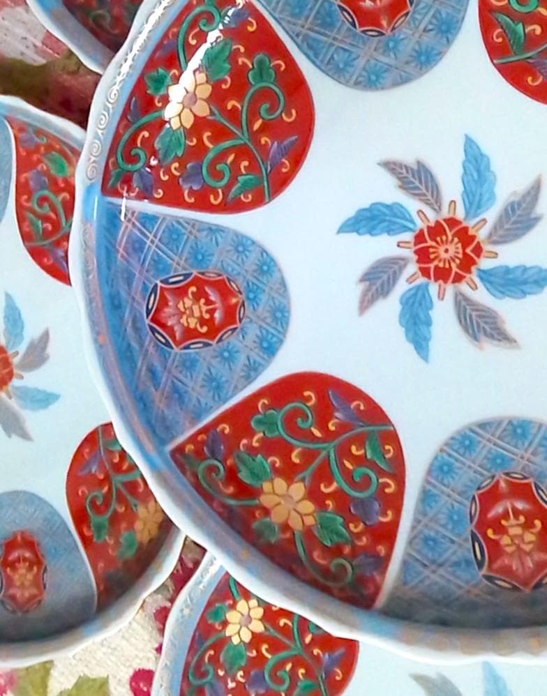 新品木箱入5客 林九郎窯 金彩赤絵輪花皿 染錦和皿揃