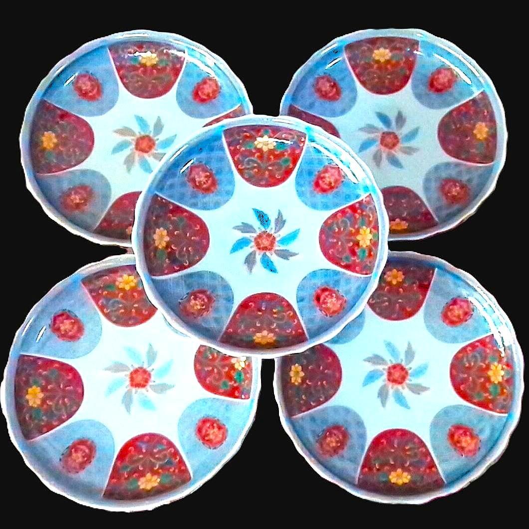 新品木箱入5客 林九郎窯 金彩赤絵輪花皿 染錦和皿揃