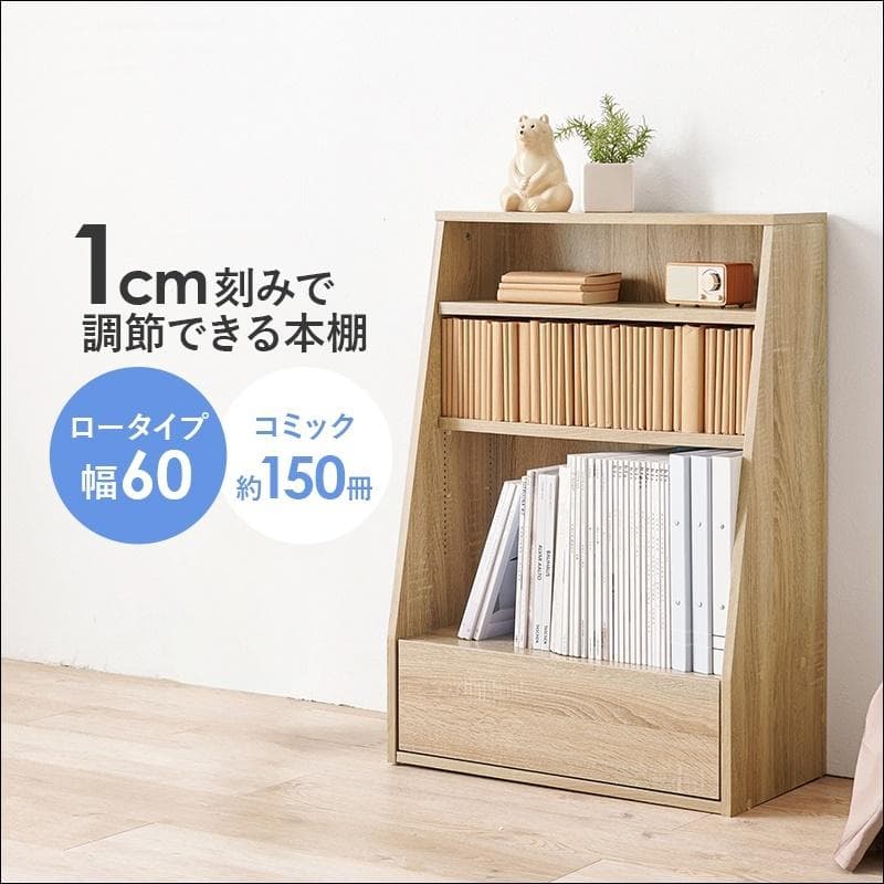 1cm刻みで調節引き出し付き本棚 ロー 幅60cm ナチュラル [8480]