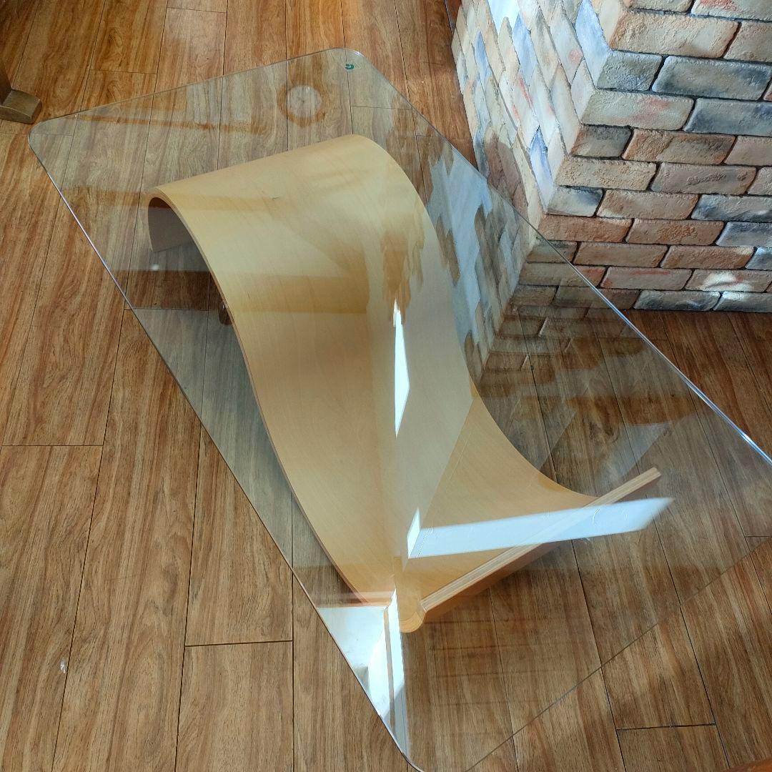 希少　北欧風　シモンズ　ガラステーブル　フィヨルド　ウェーブテーブル　モダン