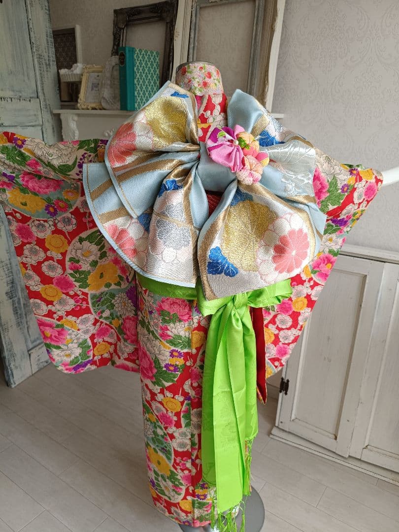 アンティークカラフル模様の着物と作り帯☆七五三セット