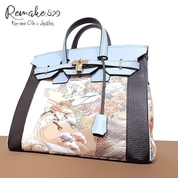 着物帯と本革のリメイクバッグ◆35サイズ◆remake.829 日本職◆#79