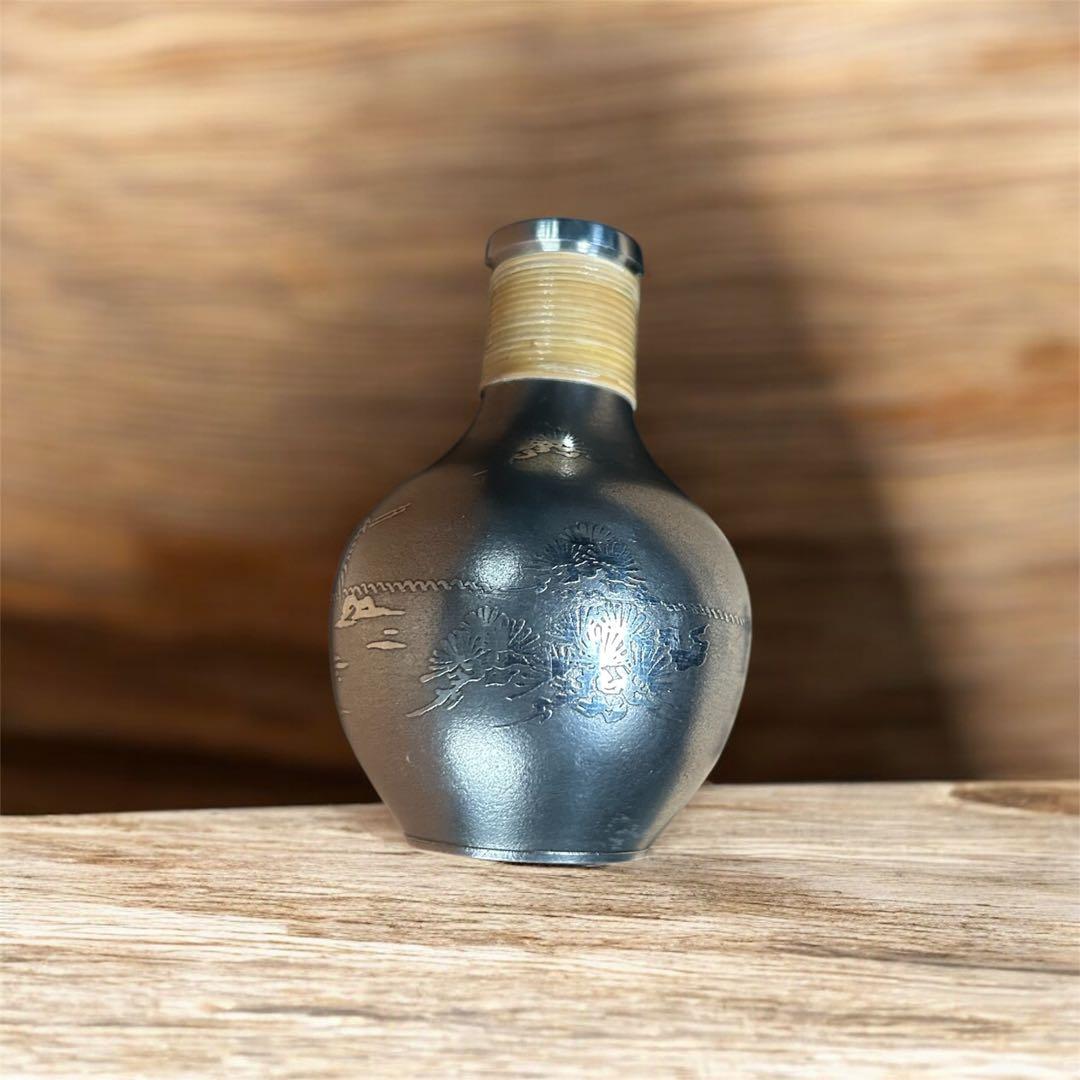 錫製 徳利＆お猪口セット 光峰造 彫金酒器 木箱付き