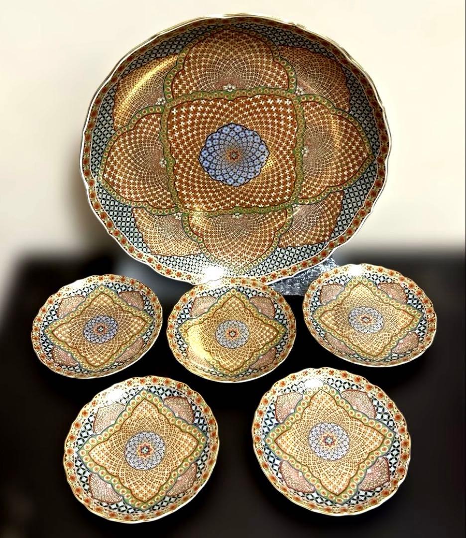前畑陶器　庫山窯　金襴手　銘々皿揃　５枚セット　輪花皿　献上手　金彩　色絵　更紗