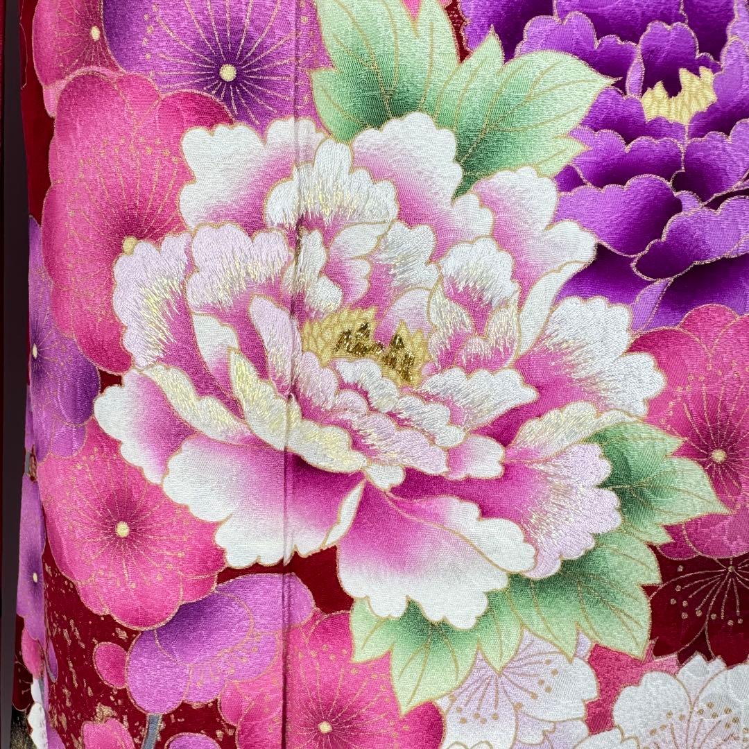 振袖8点フルセット　豪華絢爛 花丸文 桜 牡丹 刺繍 金彩　正絹　ショール付