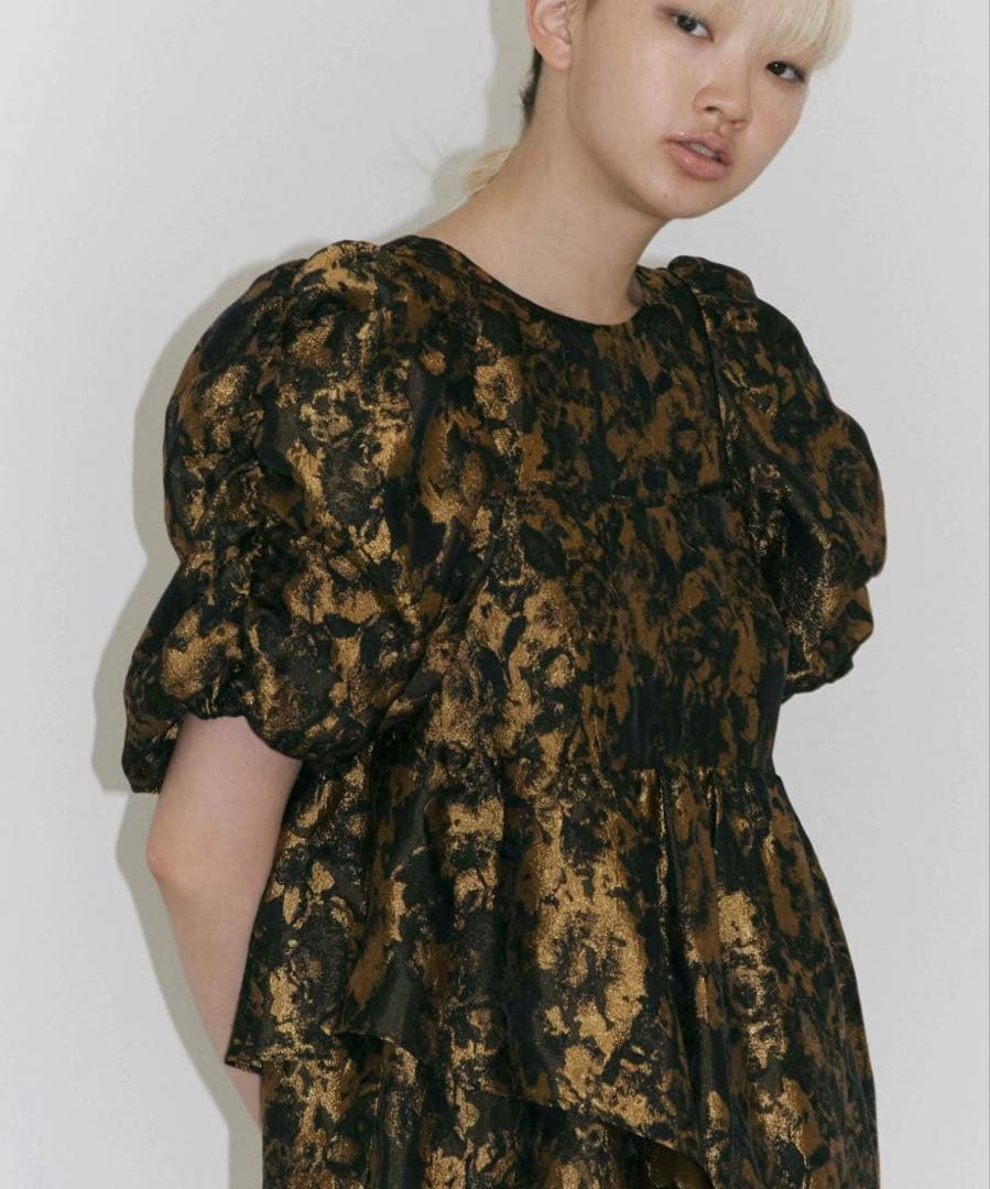 ANDRESD バブルスリーブジャガードドレス