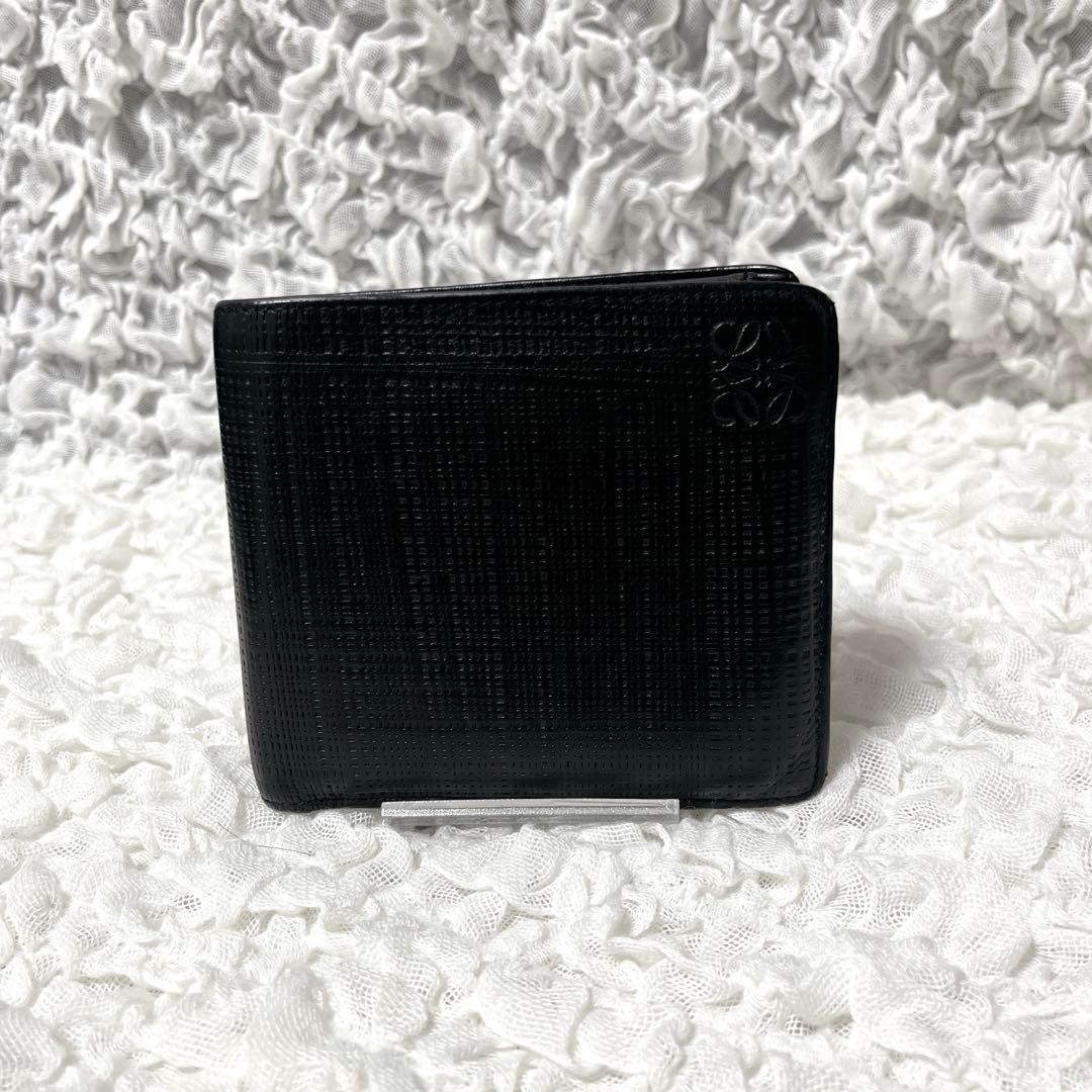 箱付美品✨LOEWE アナグラム　レザー 二つ折り財布　ロエベ　小銭入れ付　黒