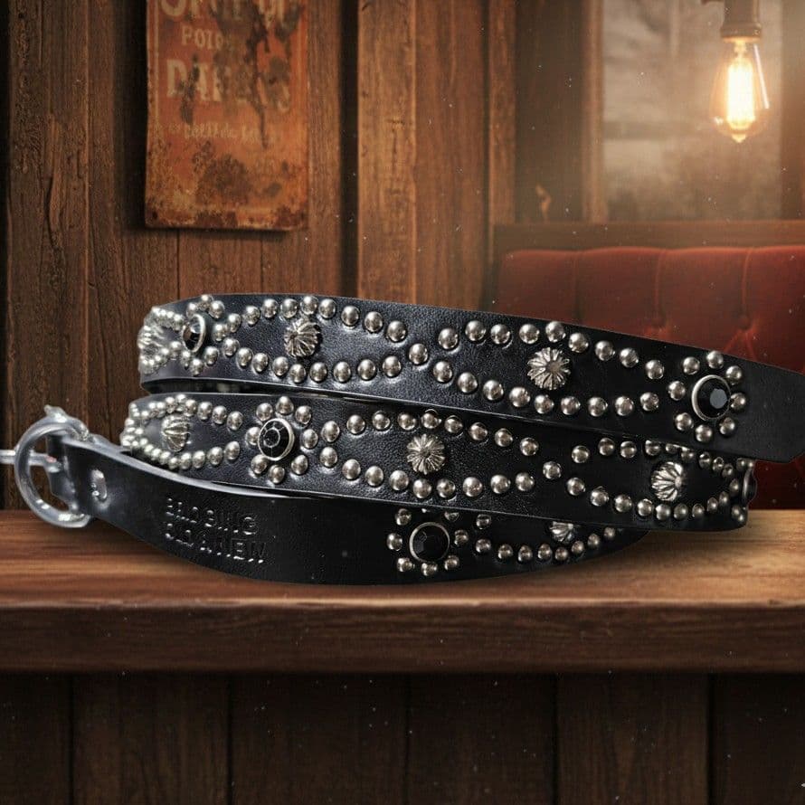 アイ黒■本革レザーフルスタッズナローベルト☆アメカジ古着ヴィンテージhtc