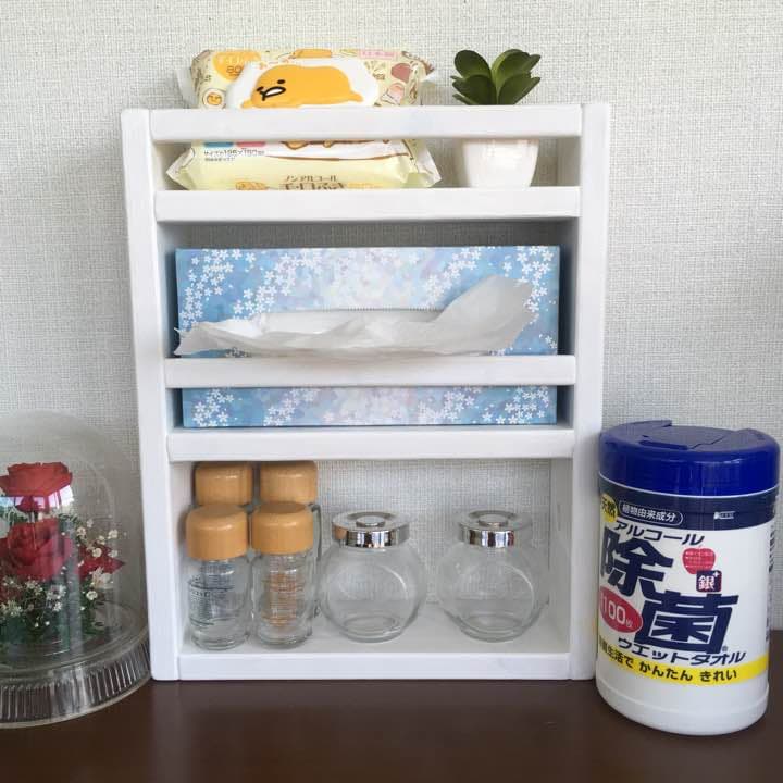 No.254)箱ティッシュ収納タイプ❣️一体型キッチンシェルフ☆スパイスラック