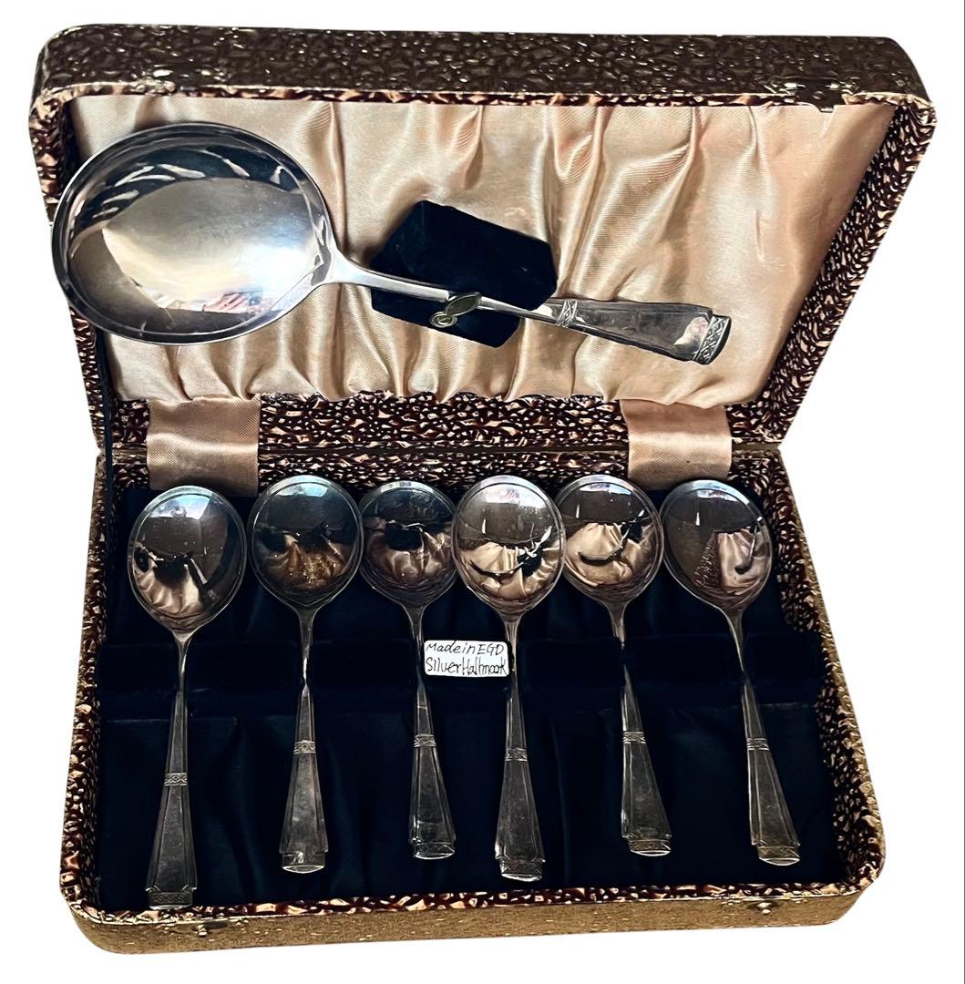 英国銀製品☆カトラリーセット スプーン6本＋サーバースプーン ホールマーク入