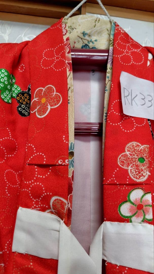 RK330アンティーク子供着物3点セット長襦袢巾着袋付き着丈90裄丈39　3歳用