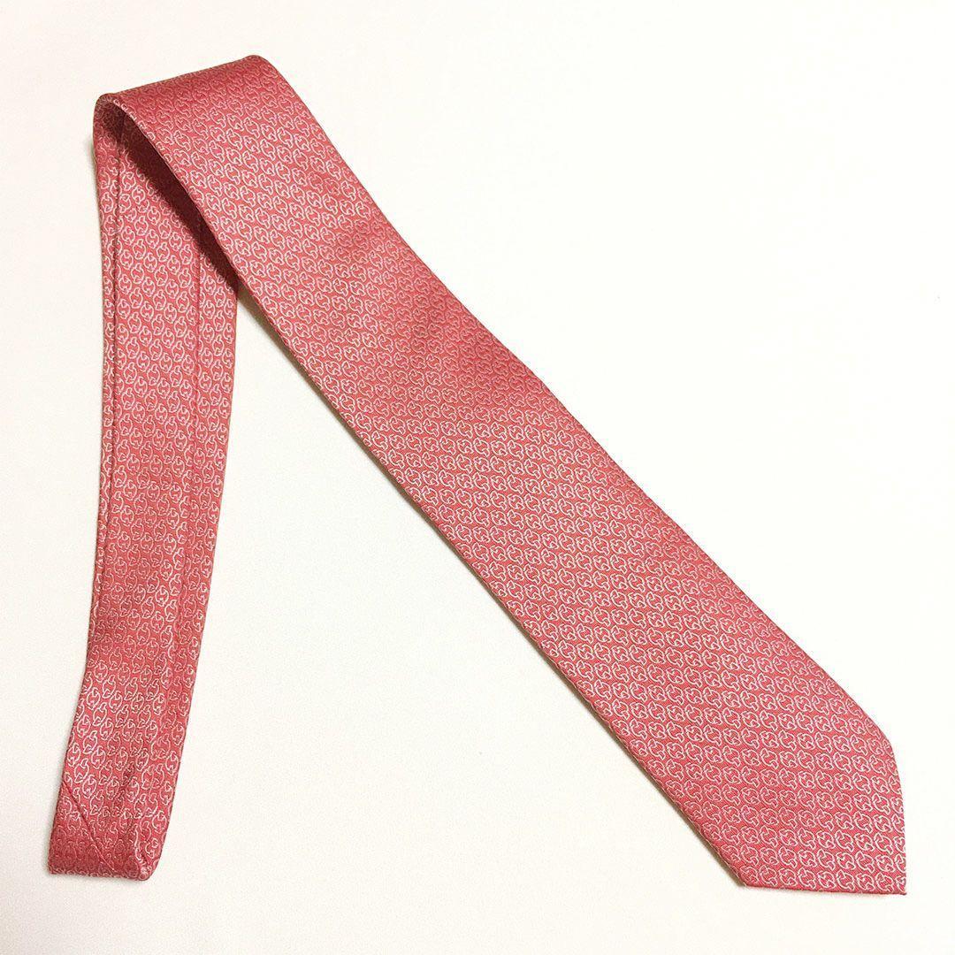 未使用級 エルメス HERMES ネクタイ シルク ピンクレッド系 総柄