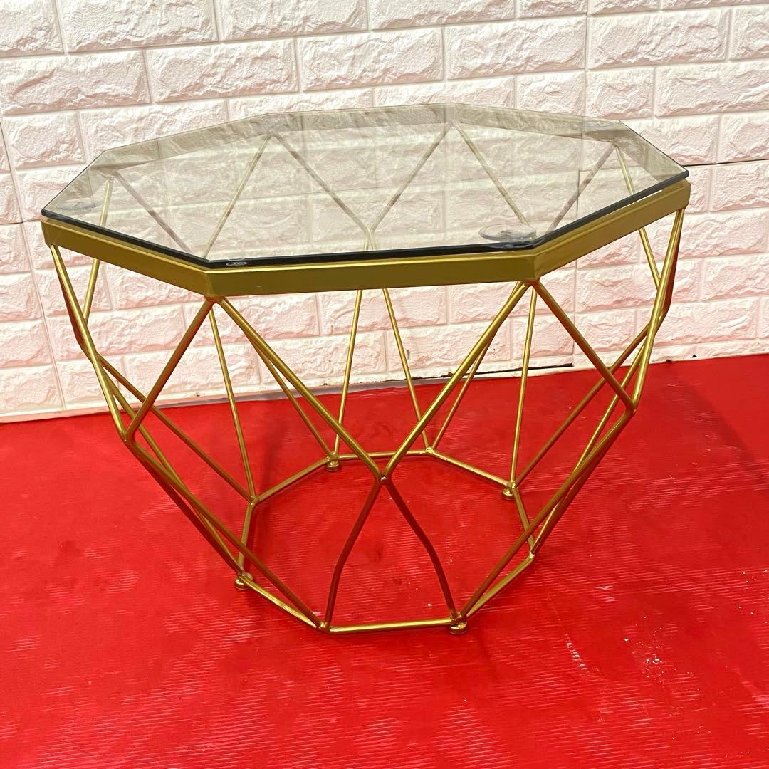 八角形の錬鉄製のコーヒーテーブル、透明な強化ガラス、家庭用リビングルーム