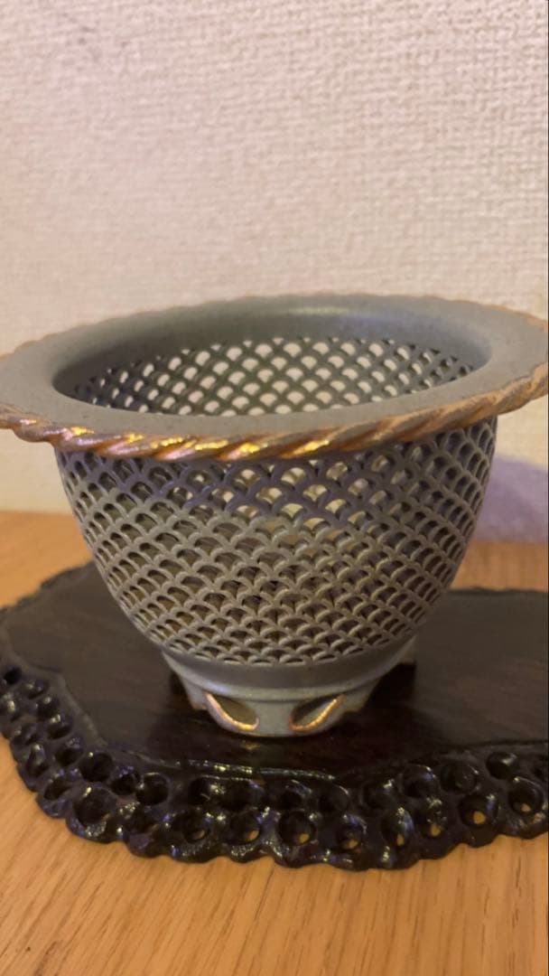 希少　天山工房　全面青海波透かし　富貴蘭鉢