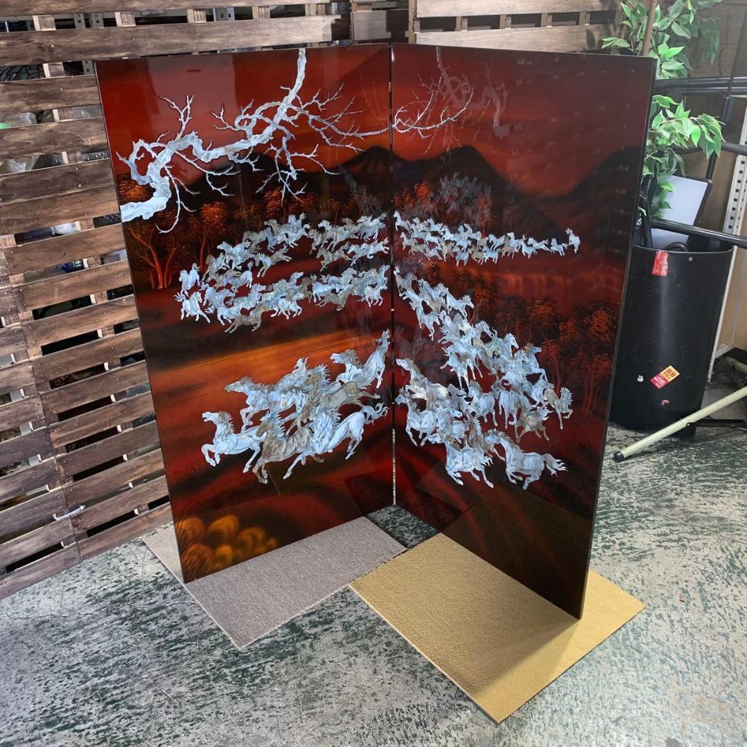 J902R 中国美術 螺鈿細工 貝細工 パーテーション 仕切り 衝立「馬倒成功」