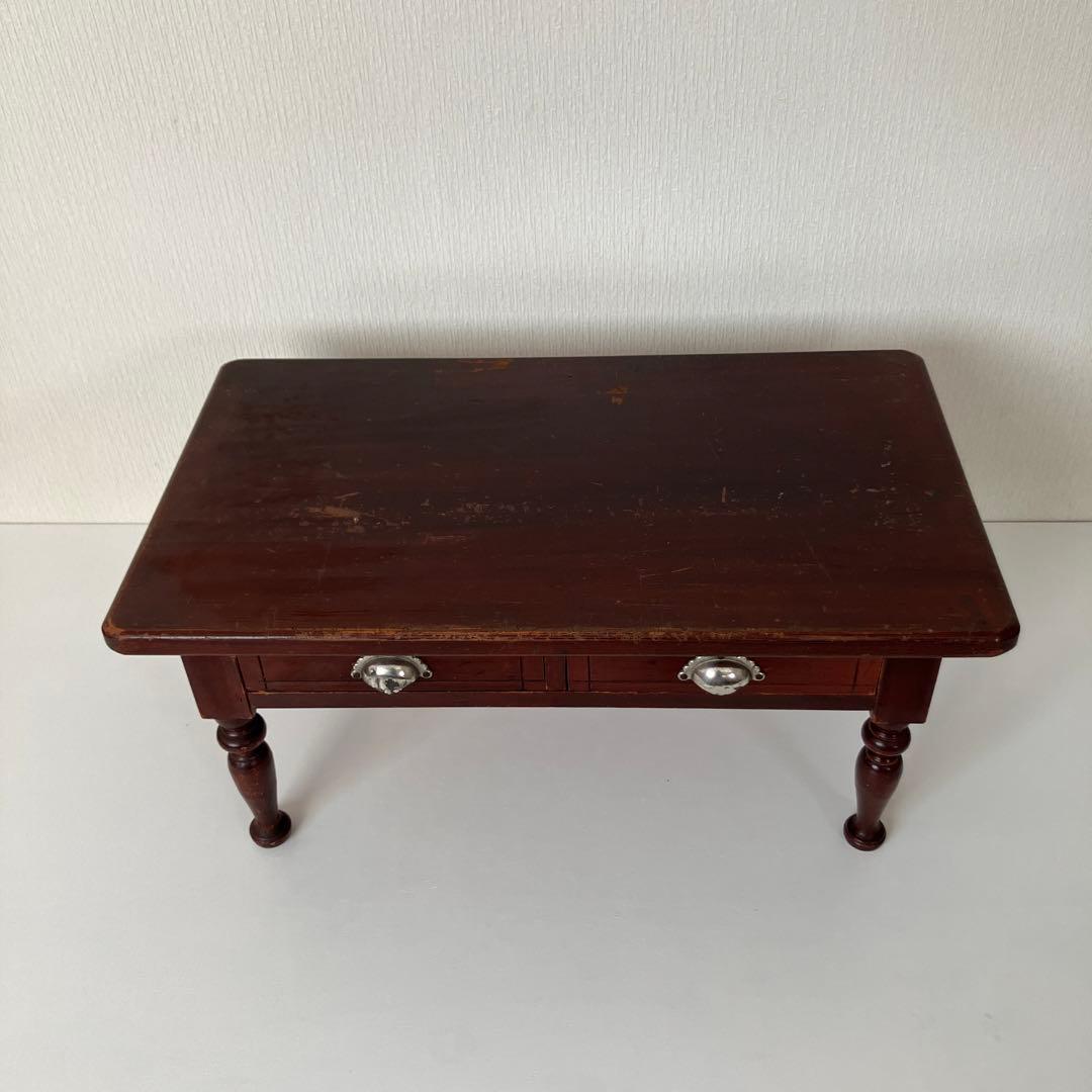 古い文机　ろくろ脚　木製ダークブラウンテーブル 引き出し付き