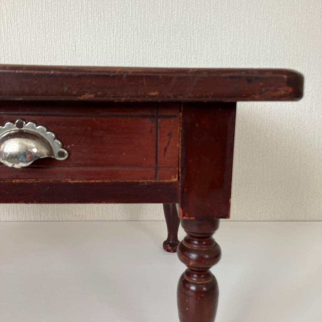 古い文机　ろくろ脚　木製ダークブラウンテーブル 引き出し付き