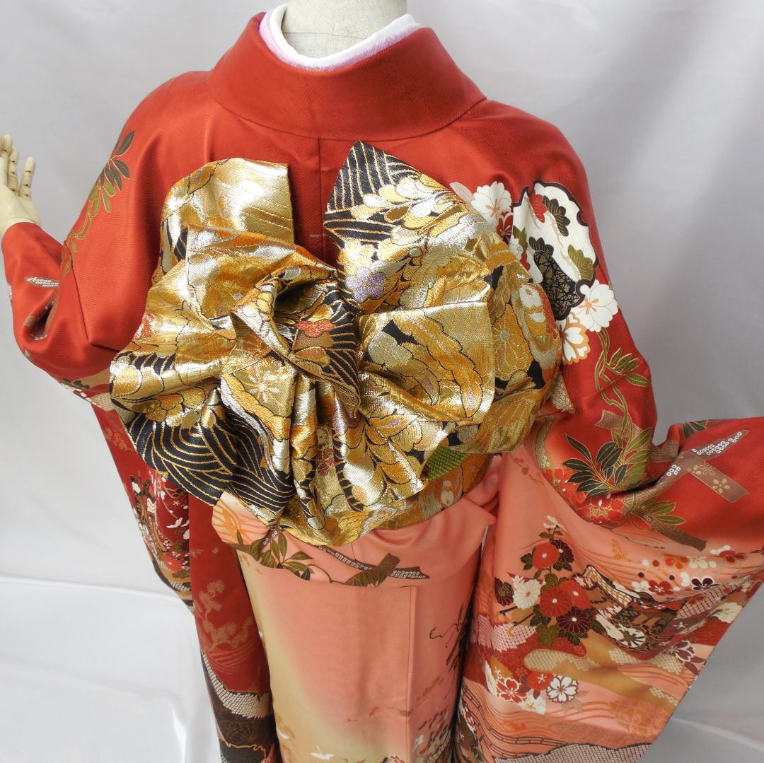 訳あり特価★振袖フルセット　正絹　成人式　振袖　7点　M～Ｌサイズ　赤　古典柄