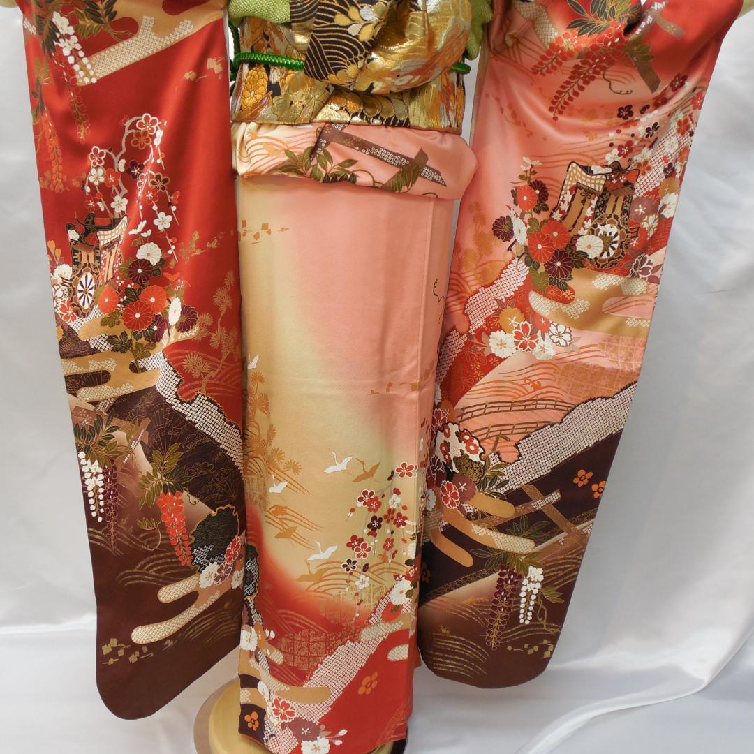 訳あり特価★振袖フルセット　正絹　成人式　振袖　7点　M～Ｌサイズ　赤　古典柄