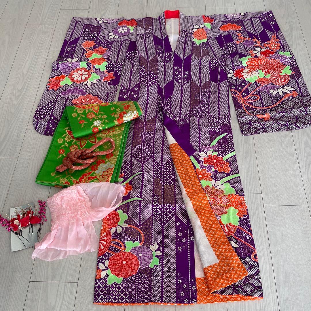 七五三着物七歳用5点セット 紫色花柄　グリーンの帯付き