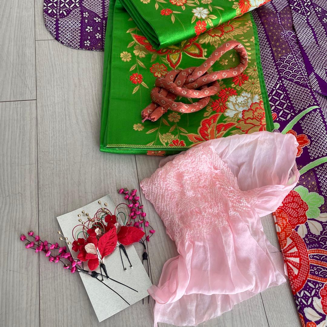 七五三着物七歳用5点セット 紫色花柄　グリーンの帯付き