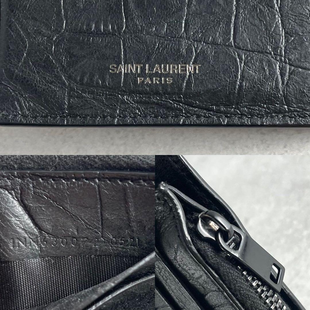 【美品 付属品完備】サンローラン 折り財布 YSL 金具 クロコ 型押し 黒色