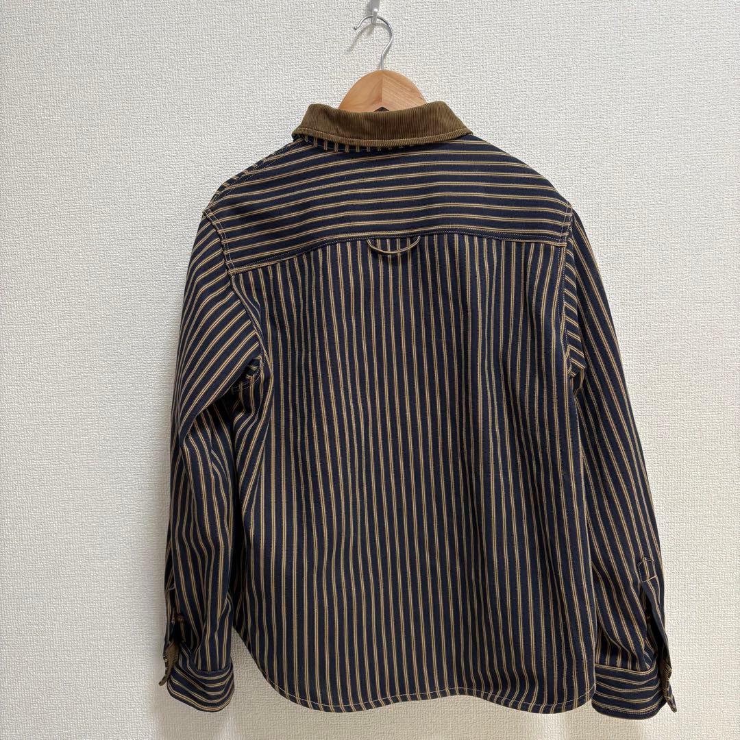 karaku 刺繍ワッペン　コーデュロイ切替裏フリースストライプシャツ