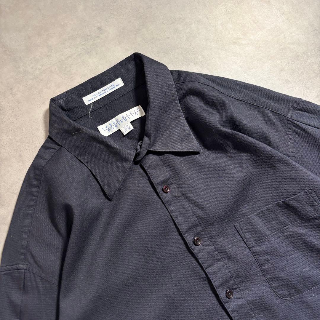 古着 90s 00s ペリーエリス ブラック シャツ 長袖 無地 ワッフル