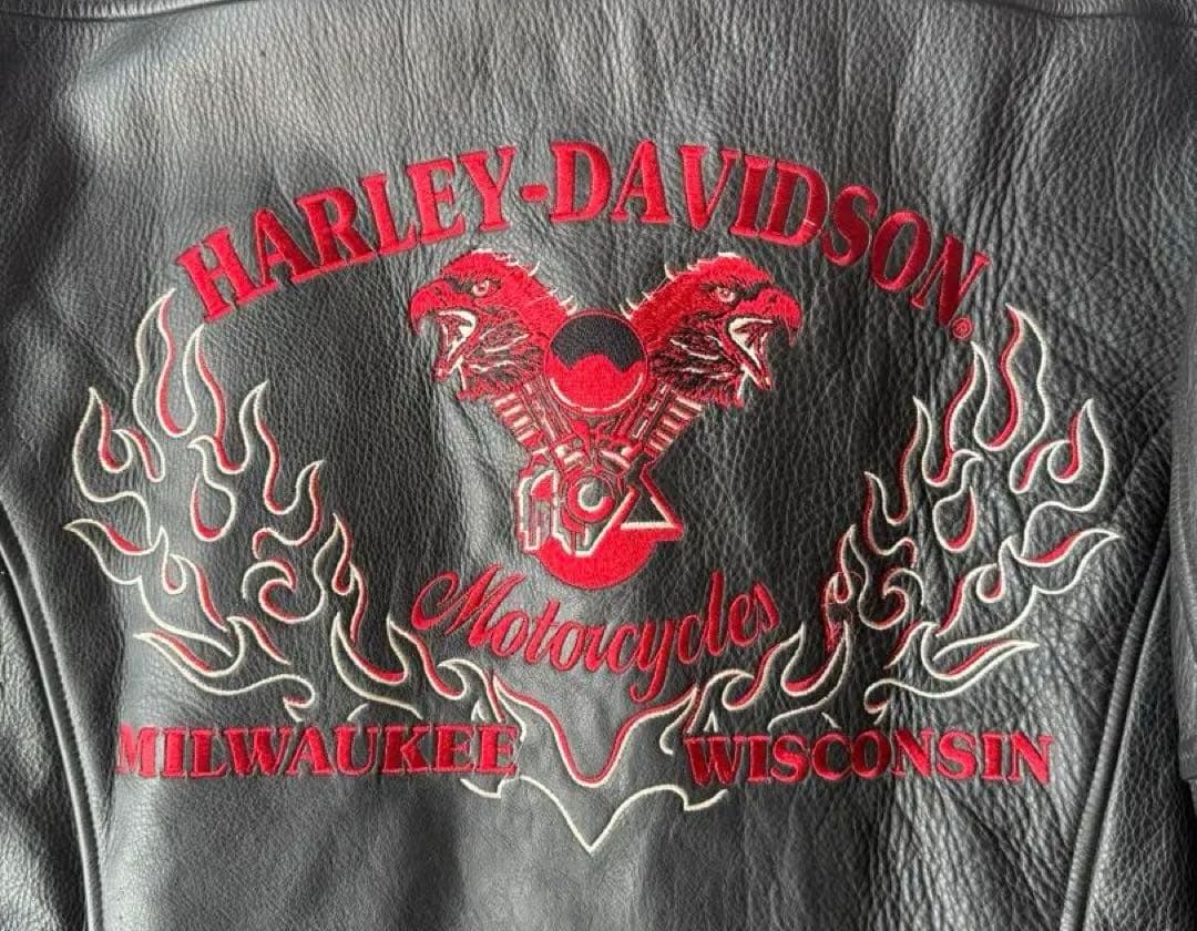 【激レア】　ハーレー革ジャン　ファイヤーパターン レザージャケット刺繍 L 黒