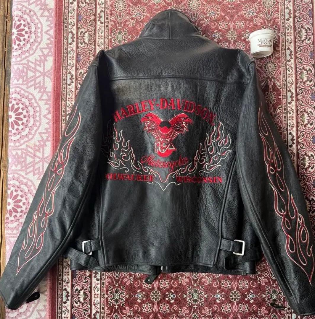 【激レア】　ハーレー革ジャン　ファイヤーパターン レザージャケット刺繍 L 黒