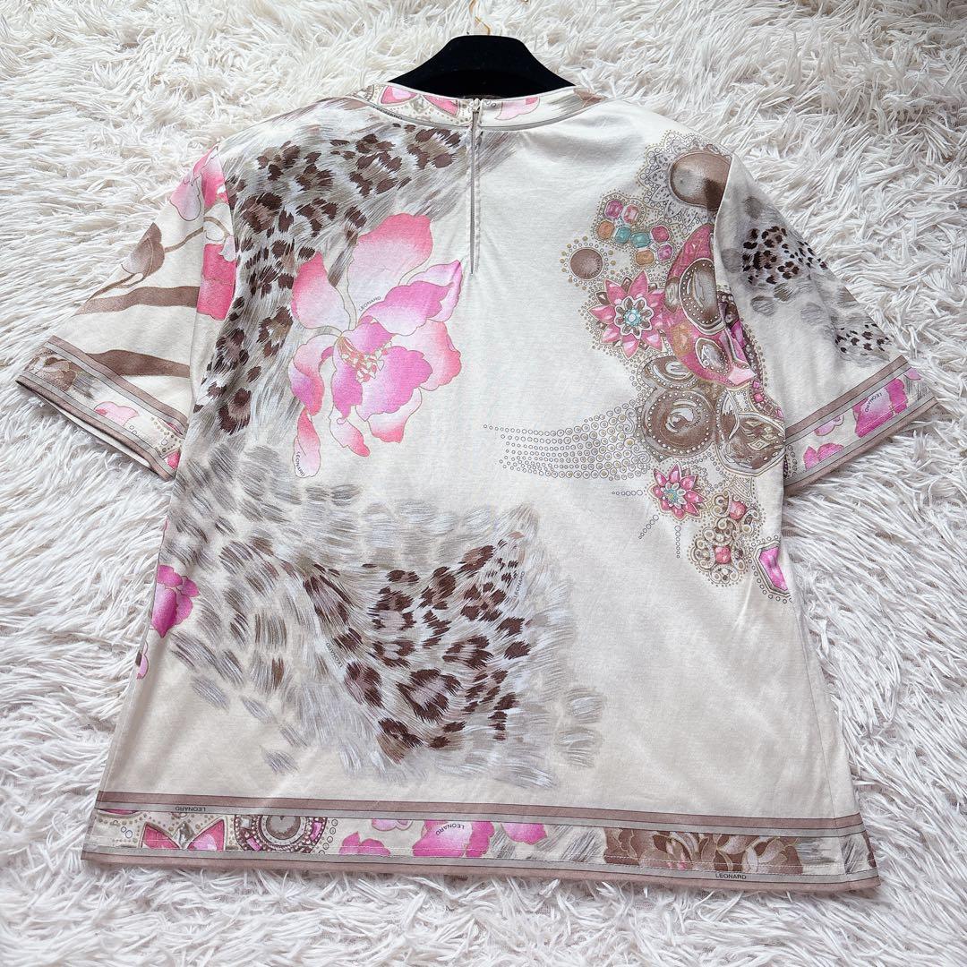 極美品✨レオナール 半袖カットソー トップス シャツ ビジュー 花柄トリム LL