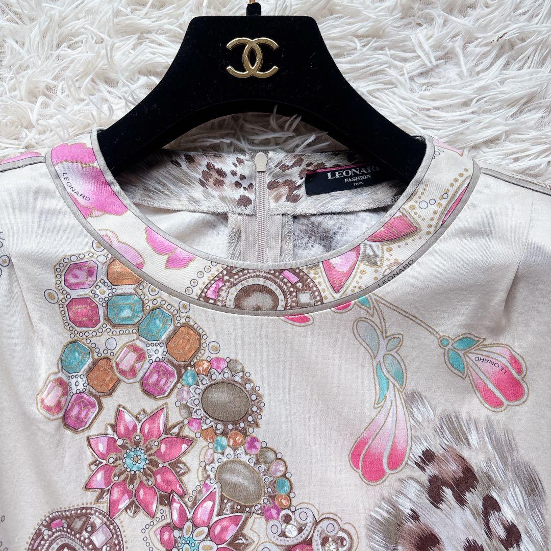 極美品✨レオナール 半袖カットソー トップス シャツ ビジュー 花柄トリム LL