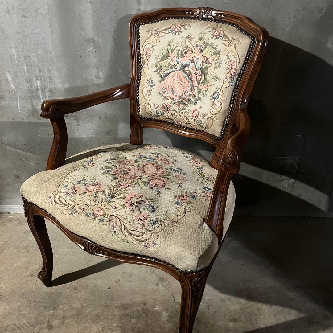 プチポワン アームチェア ゴブラン織り ロココ調 猫脚 ナポレオン 鋲打ち