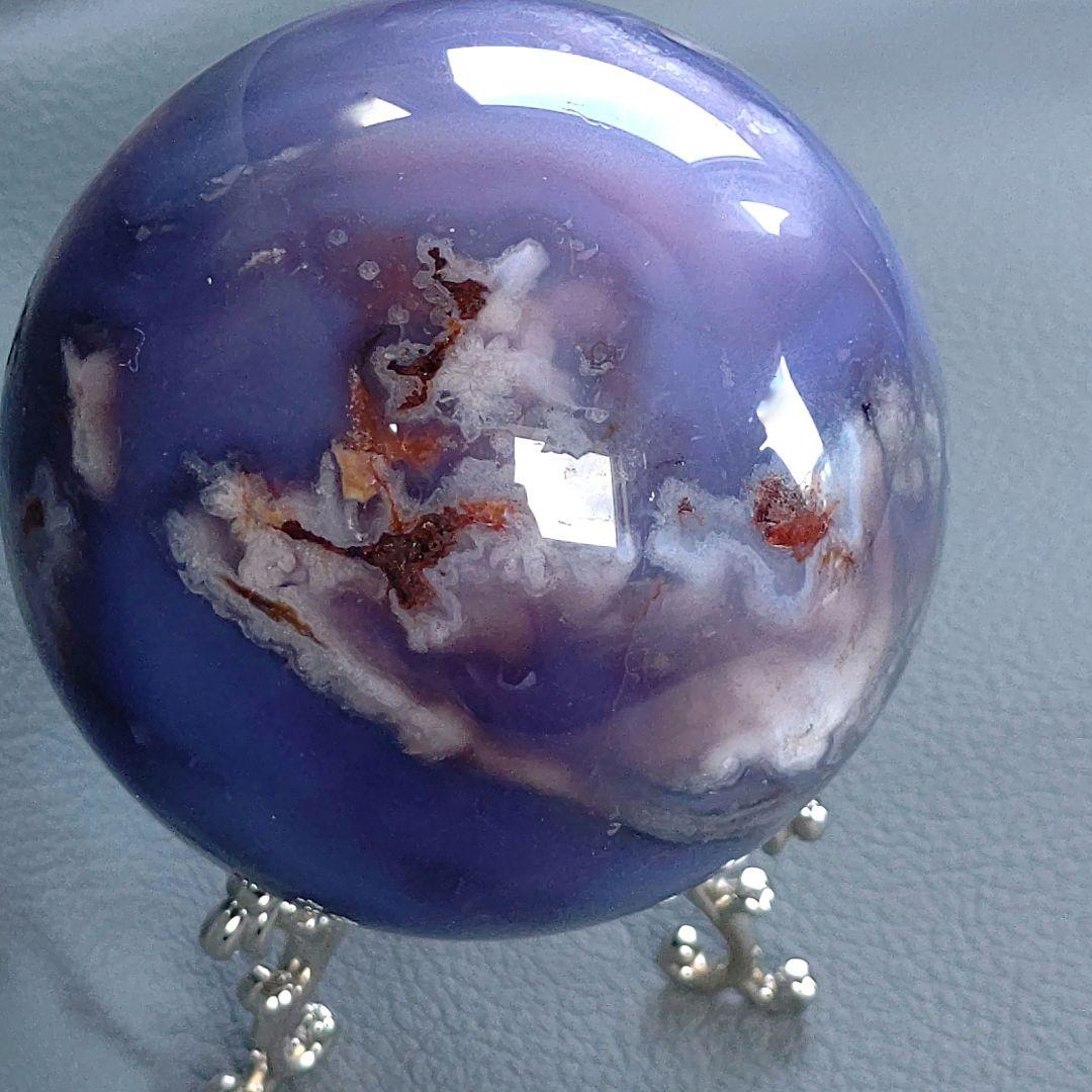 ブルー桜瑪瑙　サイズ7cm　スフィア　天然石✧　大きめ　 台座付き no0824