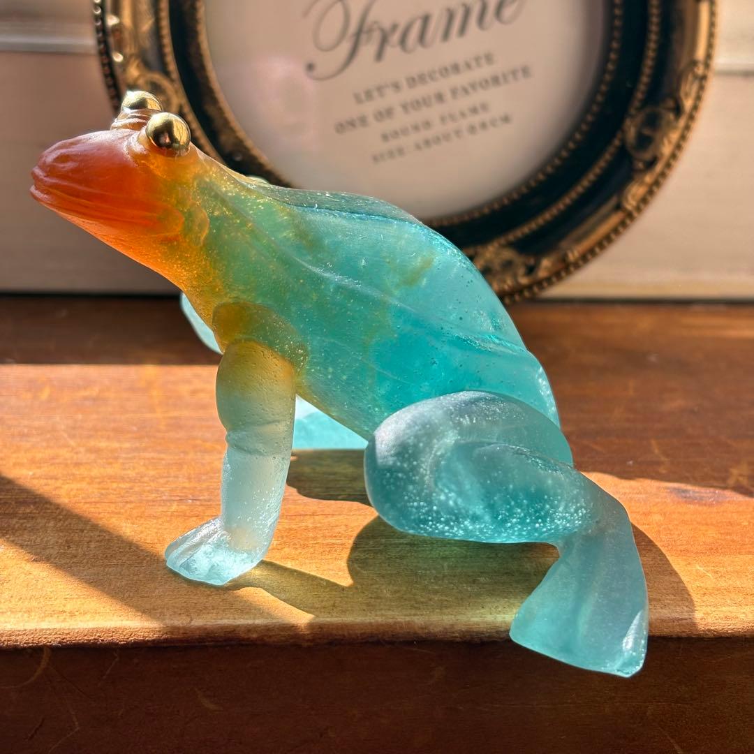 緑　カエル　蛙　ドーム　フランス　置物　ナンシー　ガレ　アンティーク　クリスタル